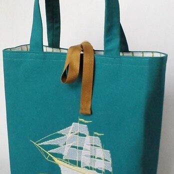 刺繍入り帆布バッグ 帆船　ターコイズ(濃)の画像
