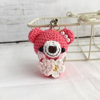 【受注生産】ピンクハート・パール・パッションピンク色クマさん＊鈴付きイヤホンジャックストラップの画像