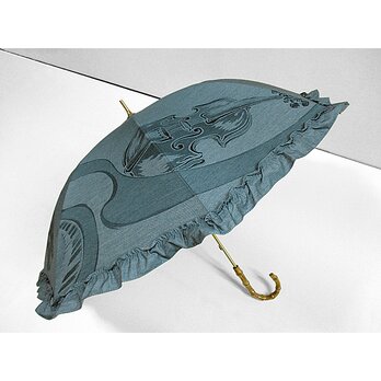フリル布付きデニムの日傘（ポップなオーケストラ）（青色）の画像