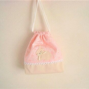 かわいいうさぎの巾着袋（ピンク花柄×ベージュ）の画像