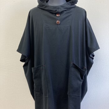 再販×11  男女兼用❤️カットソー素材のポンチョ風五分袖パーカー（黒）男女フリー L〜LLの画像