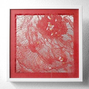 切り絵 牡丹 二枚重ね額縁 透明背景 赤の色渋紙の画像