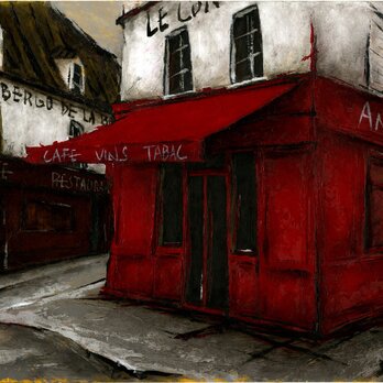 風景画 パリ 油絵「モンマルトルの赤いカフェ」の画像