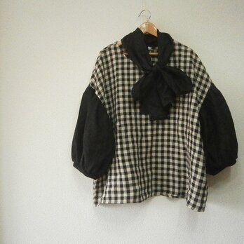 en-en・　リネン・ブロック黒ベージュ・バルーンな袖＋ストール付きの画像
