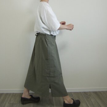 再販:カーキ色コットンのワークロングスカート  スカート丈セミオーダーの画像