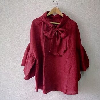 en-enリネン　前リボンギャザー袖プルオーバー・深い赤(新作、人気、麻)の画像