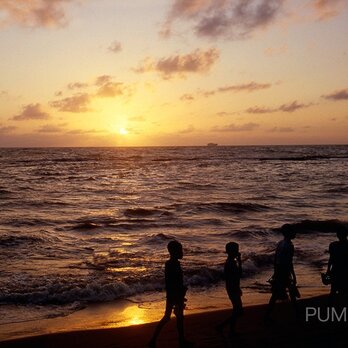 夕日と子供達　　PH-A4-071　　スリランカ　コロンボ　港湾　夕日　帰り道　渚　の画像