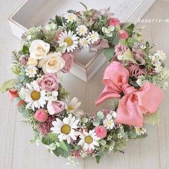 秋色ピンクリボン・マーガレットとローズのリース