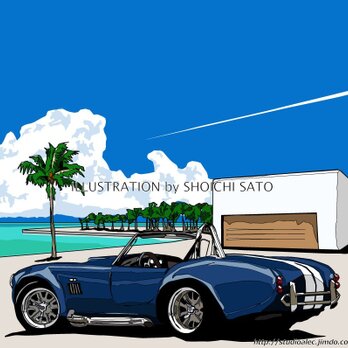 版画作品　南国のイラスト「Paradise Time」　（フロリダの海とオープンカー「コブラ」のイラスト）の画像