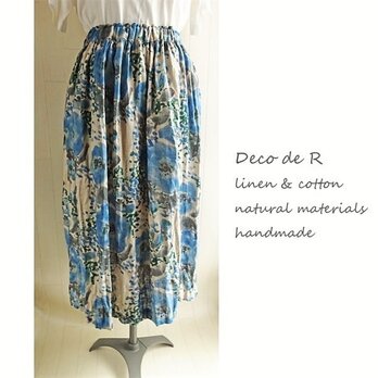 リネン　ダブルガーゼのギャザースカート　花青　７４㎝丈の画像