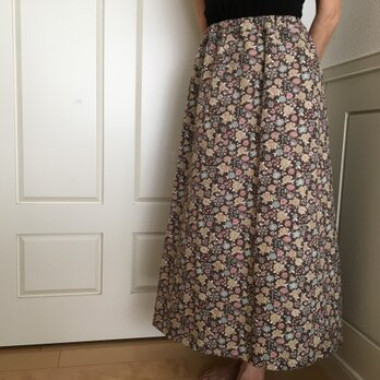 SALE【Mサイズ】小花茶色地ロングタイトスカート（お揃い柄シュシュ付き）の画像
