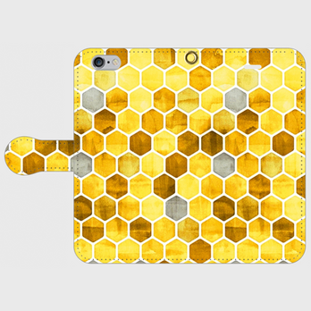 ハニカム　ウォーターカラー　（yellow）iphone　5/5s/6/6s/SE/7/8/X　専用　手帳型スマホケースの画像