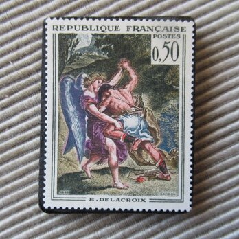 フランス　美術ドラクロワ画「ヤコブと天使の戦い」切手ブローチ　2853の画像