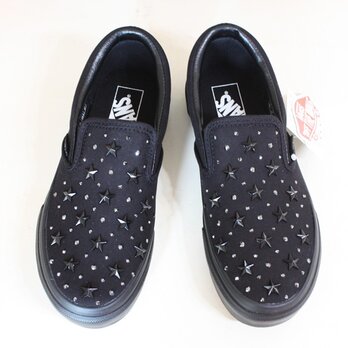 【送料無料】Vansバンズ SLIP ON スリッポン  【オールブラック】黒×ブラックスター黒　スニーカー　受注製作の画像