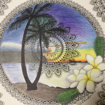原画 肉筆 一点もの ボールペンアート  ヤシの木　やしの木　椰子の木　ハワイアン  百貨店作家 人気 ボールペン画 絵画の画像