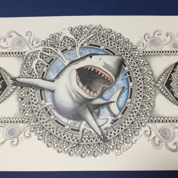 原画 肉筆 一点もの ボールペンアート  シャーク　鮫　サメ  百貨店作家 人気 ボールペン画 絵画の画像