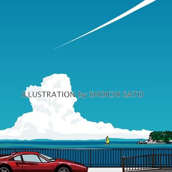 版画作品　湘南イラスト「海風を追いかけて」　（湘南の海岸線を走るフェラーリと江ノ島のイラスト）の画像