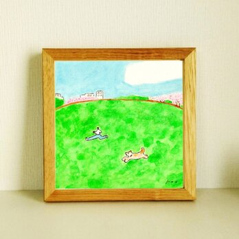 イラスト｜原画「春風とキミとぼく」 ※木製額縁入り（18×18㎝フレーム）インテリアアート（＋1500円でうちの子に変更