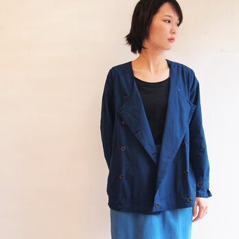 ■藍染/ノーカラーワークジャケット/藍色