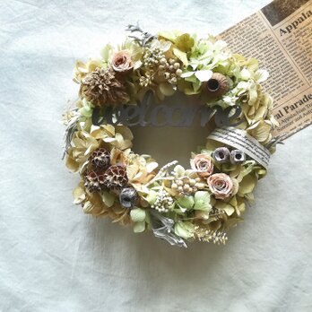 【送料無料】ドライアジサイとピンクローズのwelcome   wreathの画像