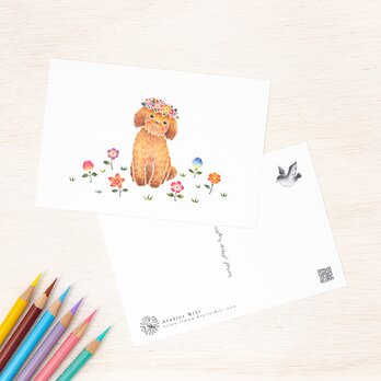 5枚セット。絵本のような。ポストカード "花を飾った子犬のチコ" PC-312の画像