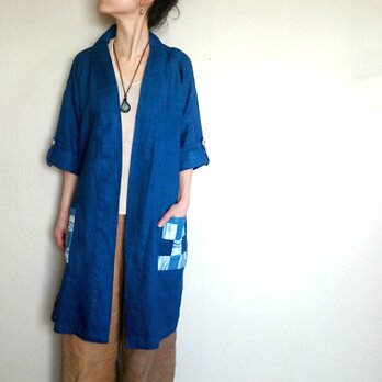 【送料無料・再販】藍染めリネン100%ロング丈和風カーディガン、パッチワークポケット付き/羽織り