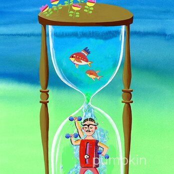 Mrマッスル-水時計　M-A4-05  アクリル画　CG　イラスト   水時計　海　魚　の画像