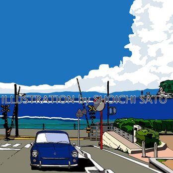 版画作品　湘南イラスト「あの夏の水平線」　（鎌倉高校前踏切の海岸線とワーゲン・タイプ３のイラスト♪の画像