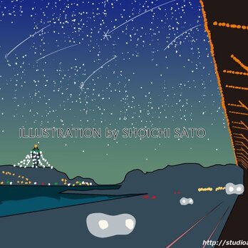 版画作品　湘南イラスト「湘南イルミネーション」　（江ノ島＆鎌倉高校前駅のイルミネーションのイラスト）の画像