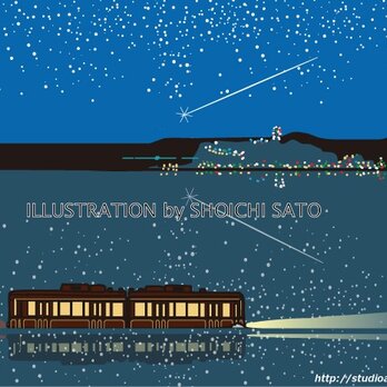 版画作品　湘南イラスト「夜想」　（江ノ島＆江ノ電と夜景とイルミネーション＆流れ星のイラスト）の画像