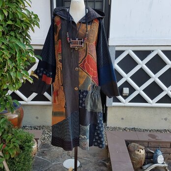 着物リメイク　手作り　旗(柿渋)　かすり　縞など木綿を合わせた　コートの画像
