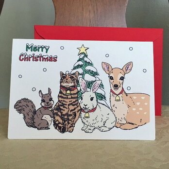 クリスマスカード＊キジトラ猫と森の仲間たちの画像