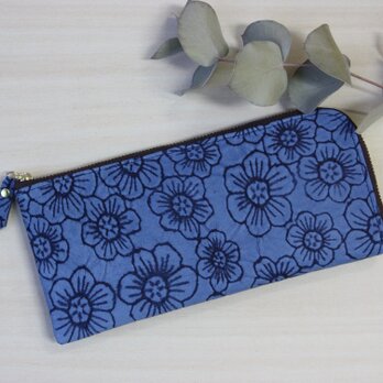 ピッグスキンのスリムな長財布　Ｌ字型　フラワーブルーの画像