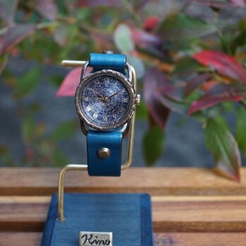 クラック ワールド ローマ Sサイズ　真鍮 ブルー コスモ　手作り腕時計の画像