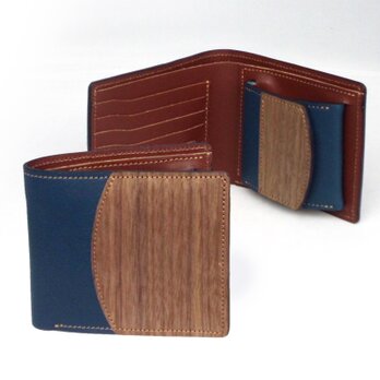 木と革の二つ折り財布 --- 贅沢な総革仕上げ　[ブルー]の画像