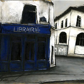 風景画 パリ 油絵「街角の青い本屋」の画像