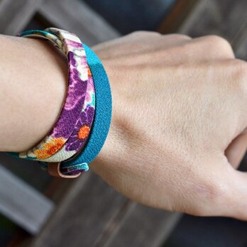 和風ブレスレット 花 Teal  レザー 3連 Triple braceletの画像