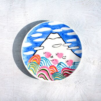 冬の富士山（波千鳥）色絵皿の画像