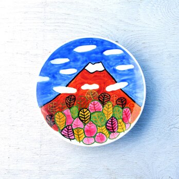 秋の富士山（波千鳥）色絵皿の画像