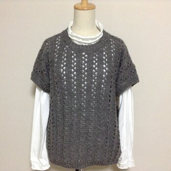 ★再販★     1205     大きいサイズの手編みベスト      透し模様        グレー