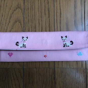 クロスステッチ刺繍＊二匹の猫★カトラリーケースの画像