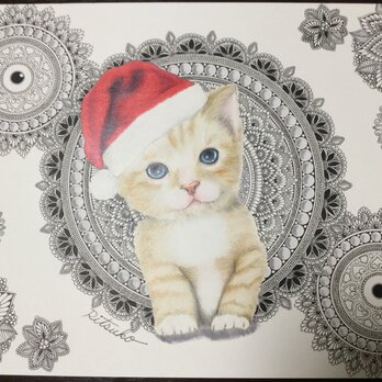 原画 肉筆 一点もの ボールペンアート  サンタクロース　クリスマス　Xmas　猫　小猫　仔猫　ボールペン画 絵画の画像