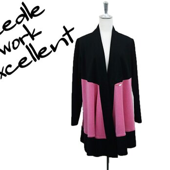 羽織風バイカラーロングジャケット　ピンク×ブラックの画像