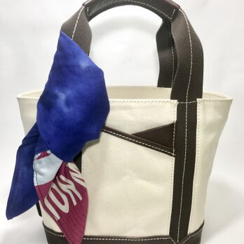パラフィンキャンバス×本革　スカーフ(ブルーxピンク)ミニトートバッグ　の画像