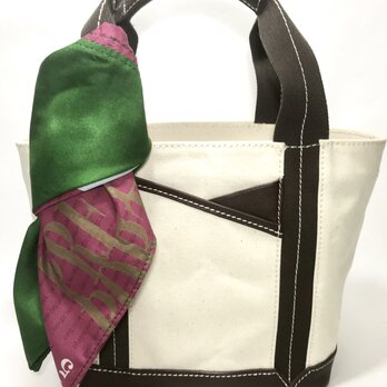 パラフィンキャンバス×本革　スカーフ(グリーンxピンク)ミニトートバッグ　の画像