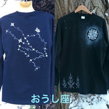 【受注製作】光る満月の森と12星座 アイヌデザイン コットンTシャツ 半袖 刺繍入り ブラックorネイビー ユニセックスの画像