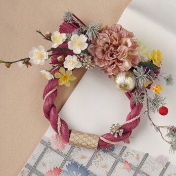 モーヴピンクの白梅しめ縄飾り　　の画像