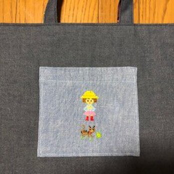 １点限定★レッスンバッグ＊クロスステッチ刺繍★女の子と猫＊通園通学の画像