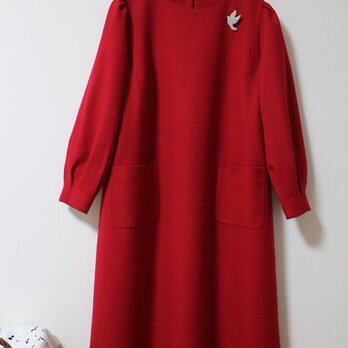 渋赤★ カルゼ織ウール100%  配色裏地付き八分袖ワンピース★