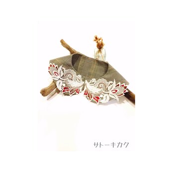 つけ襟☆ グレンチェック×刺繍レース(赤×茶) 【送料無料】の画像